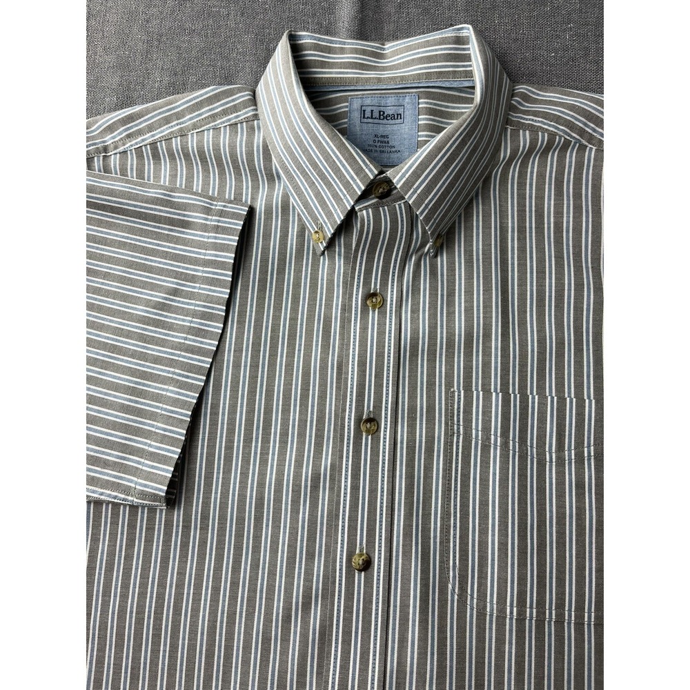 LL BEAN Shirt Men Extra Large Gray Blue Stripped Regular Fit Pocket Casual Work
